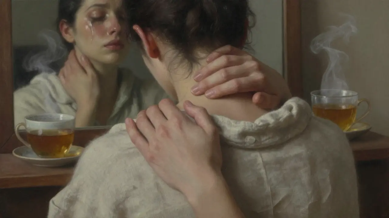 Ruce terapeuta jemně podporující rameno a krk klienta, v zrcadle zřetelné slzy a úleva na obličeji.