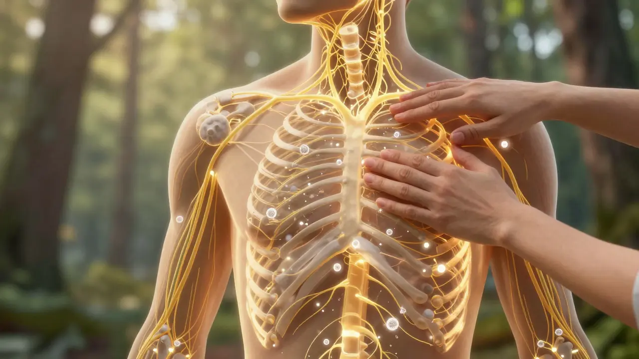  schematic zobrazení lymfatického systému s prouděním tekutiny pod masáží.