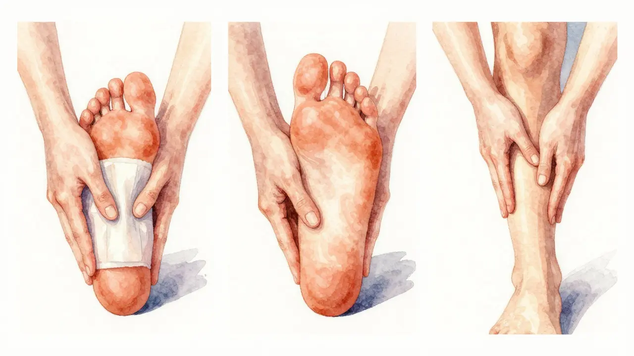 Tři fáze rehabilitační masáže nohy: zahřívání, rozkládání jizev a lymfatický odtok.