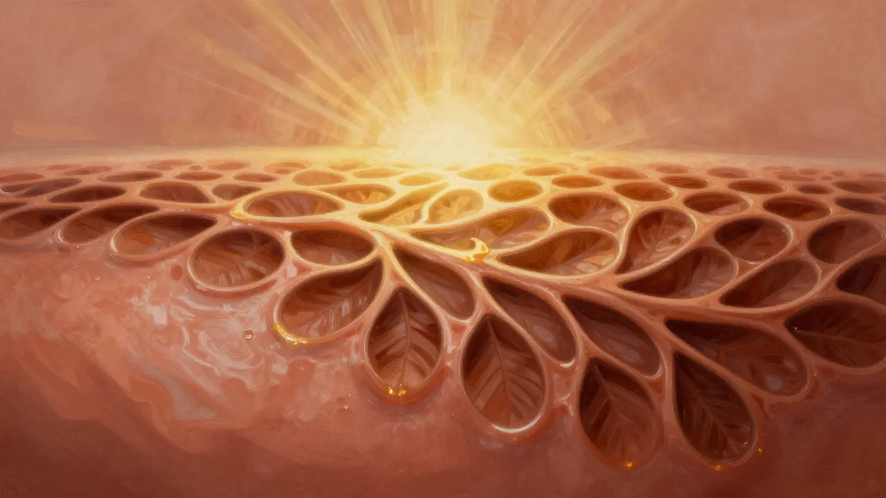 Abstraktní obraz hydratace pleti s přírodními motivy.