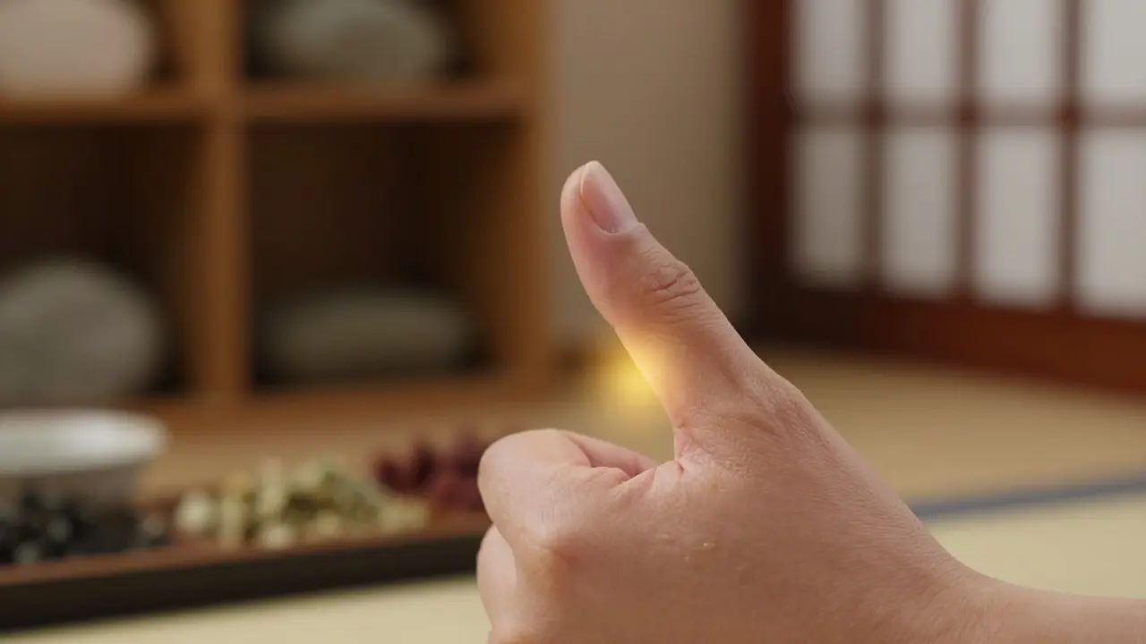 Detail ruky tlačící na bod mezi palcem a ukazováčkem s jemným zářivým efektem.