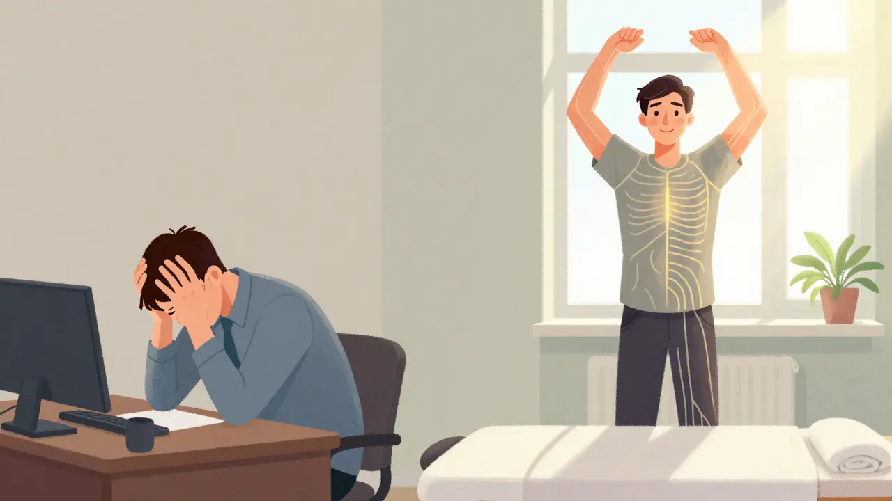 Dvě scény: unavený pracovník a ten samý člověk po Shiatsu – znázornění změny energie.