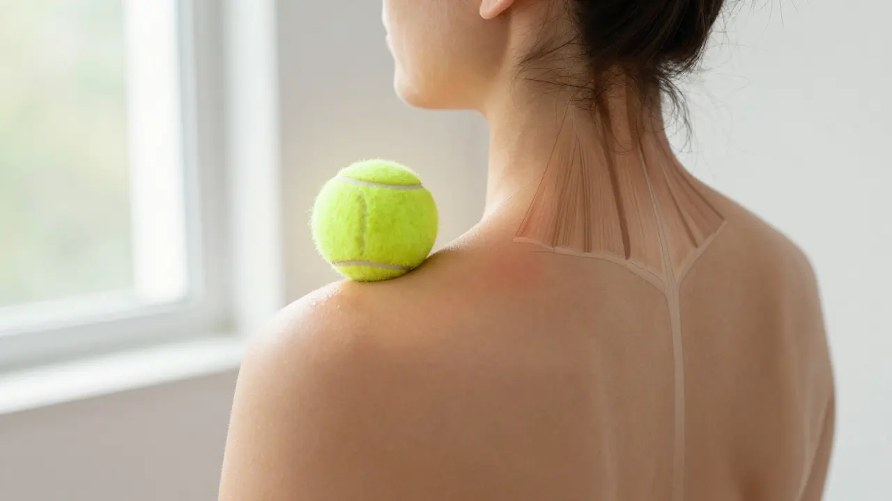 Osoba používá tenisový míček proti zdi k uvolnění napětí v rameni a horní části záda.