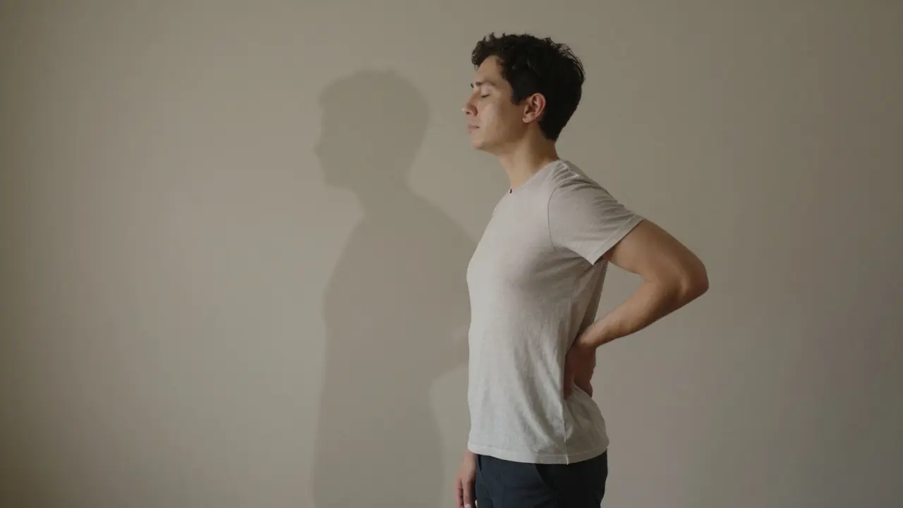 Osoba stojí rovně, její stín za ní ukazuje dřívější křivou posturu, která se mizí.