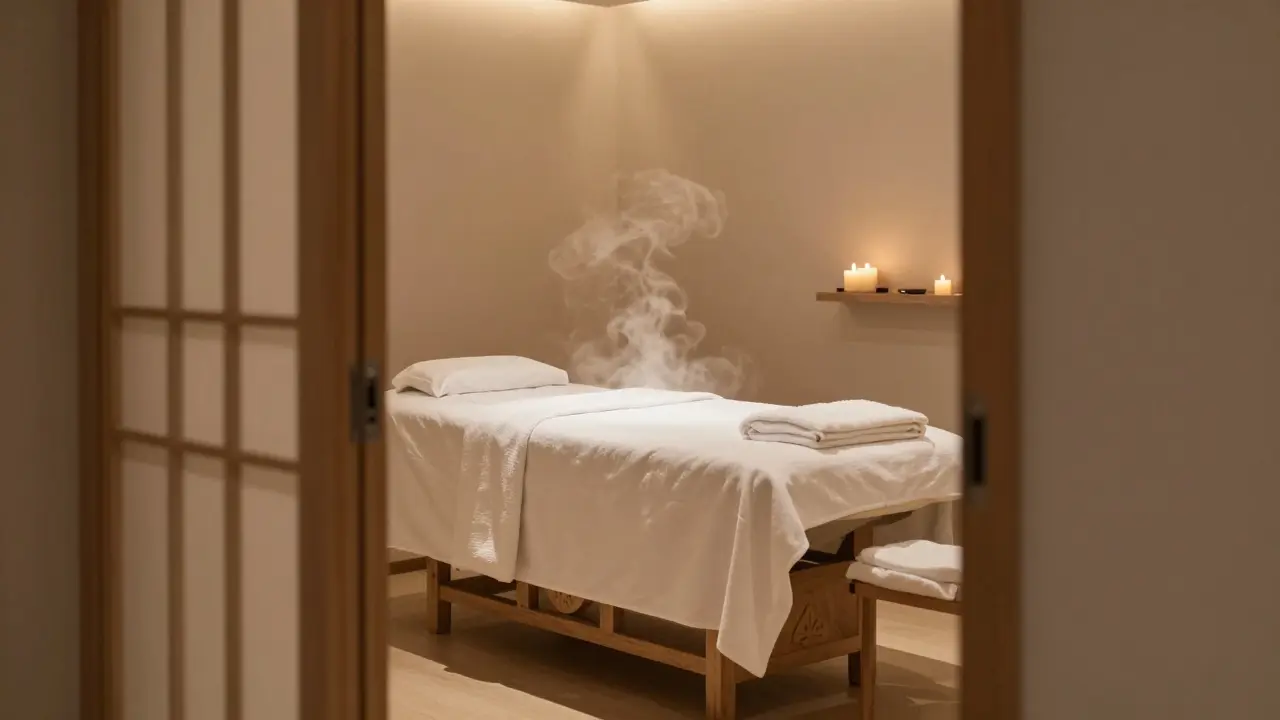Prázdný léčebný stůl v lázni s parou a vonnými svíčkami.