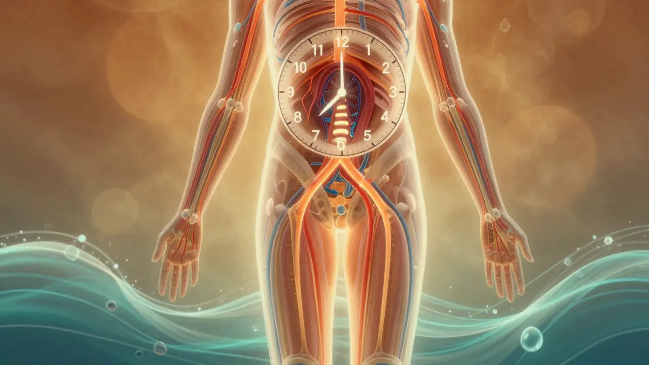 Přehled lidského těla s viditelným prouděním krve a lymfy po masáži.