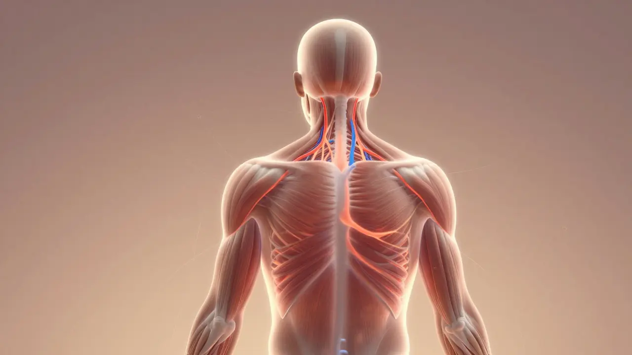 Přehledný nákres těla s viditelným prouděním krve a lymfy, symbolizující uvolnění svalového napětí.