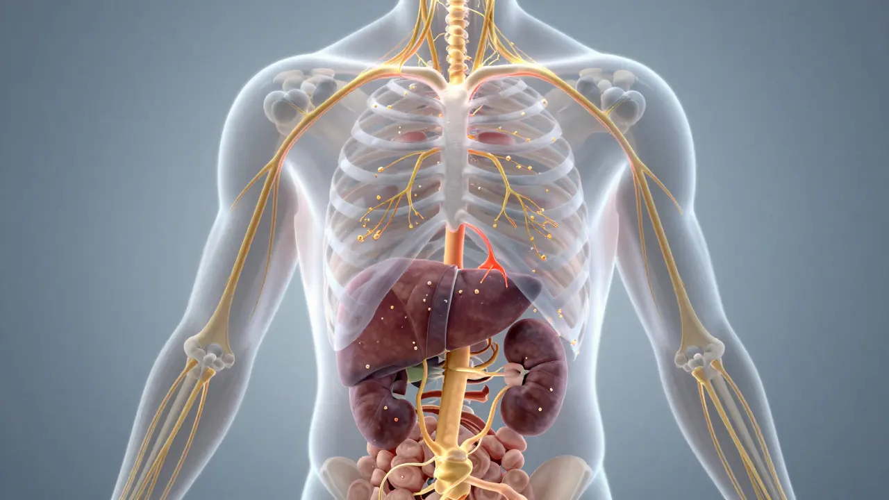 Průhledný náčrt lidského těla ukazující pohyb lymfy a čištění toxinů v játrech a ledvinách.