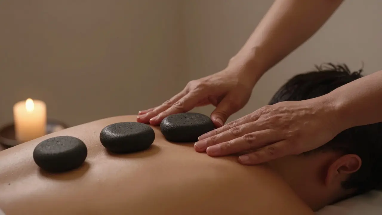 Ruce maséřky jemně posouvají teplý lávový kámen po krku a ramenách.