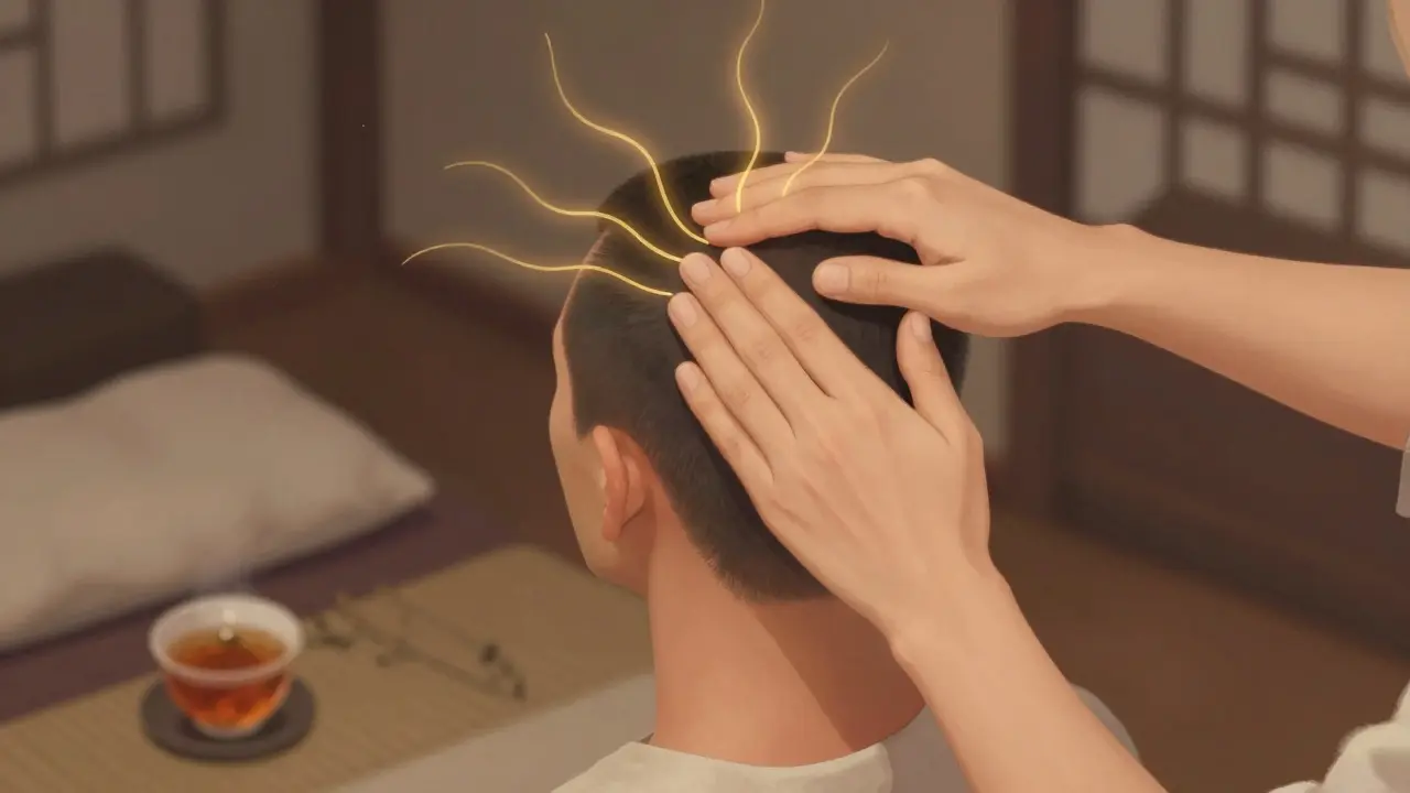 Ruka aplikuje tlak na vrchol hlavy, zlaté vlny symbolizují uvolnění energie v klidném prostředí.