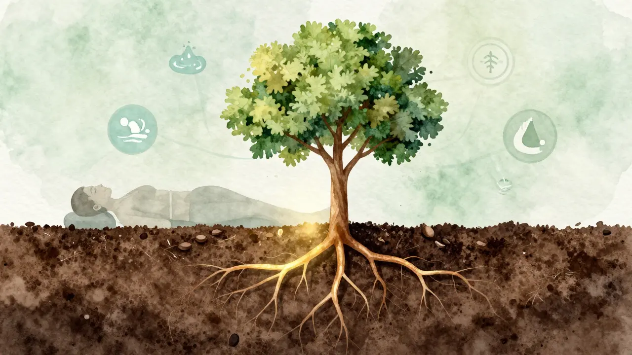 Strom rostoucí ze semínka, symbolizující regeneraci těla po masáži.