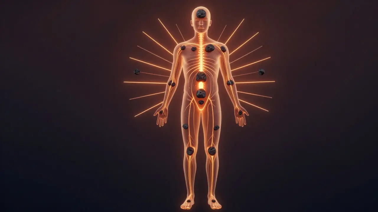 Teplo z lávových kamenů proniká do těla, znázorněno zlatými světelnými cestami v siluetu.