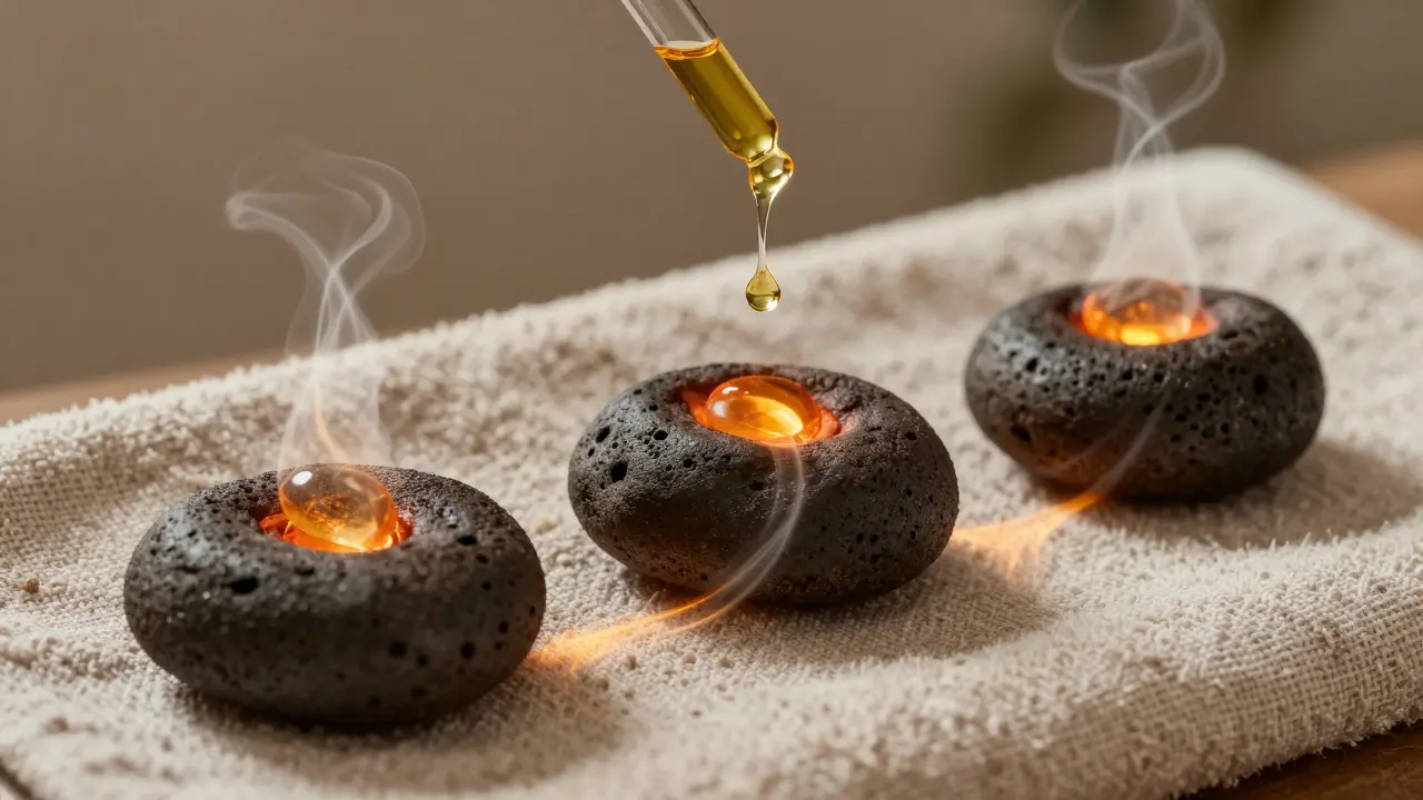 Tři teplé lávové kameny na lněné utěrce s kapekou arganového oleje ve vzduchu, symbolizující hlubokou regeneraci kůže.