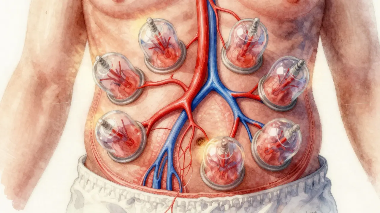 Vnitřní pohled na břišní oblast s zlepšeným krevním oběhem a uvolněnými tkáňovými adhezemi po baňkování.