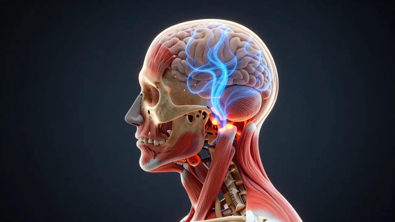 Anatomický model hlavy a krku znázorňující uvolňování svalového napětí a průtok krve.