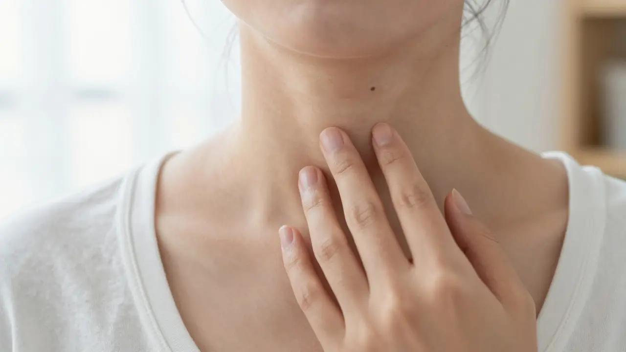 Detail jemného tlaku prstů v oblasti klavikulárních uzlin na krku.