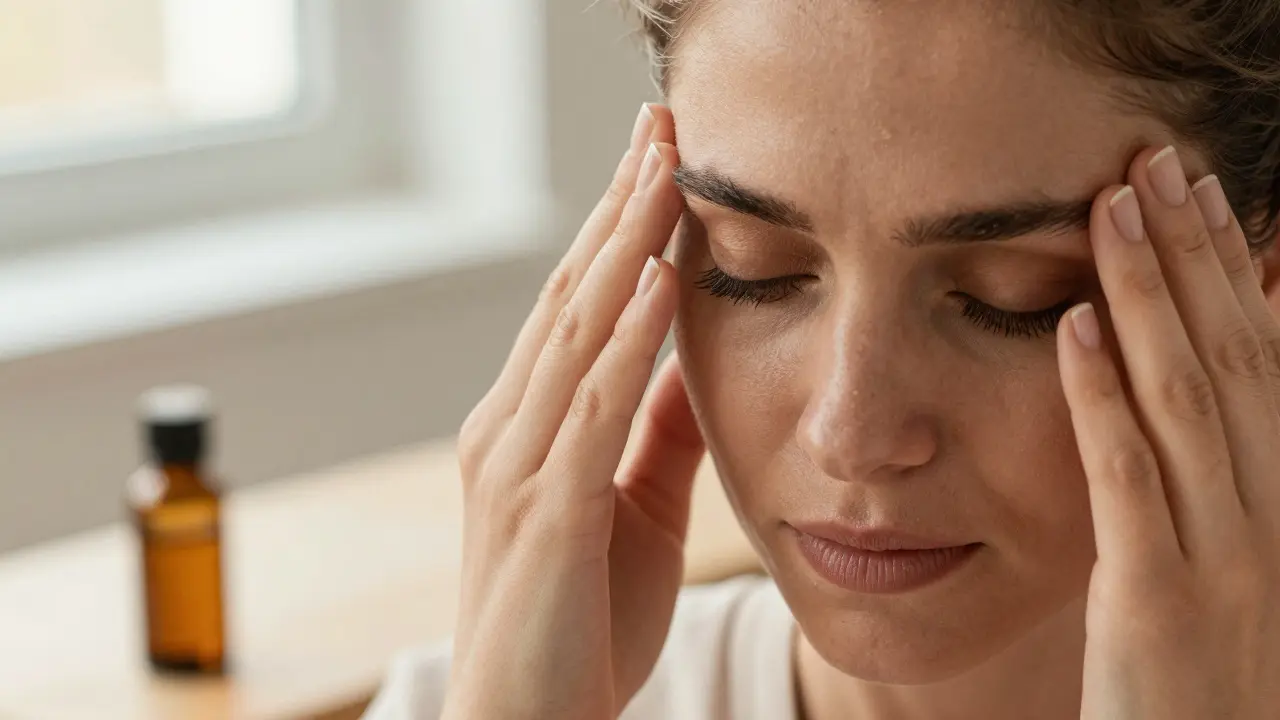 Detailní záběr ruky jemně masírující spánky pro úlevu od tenzní bolesti hlavy.