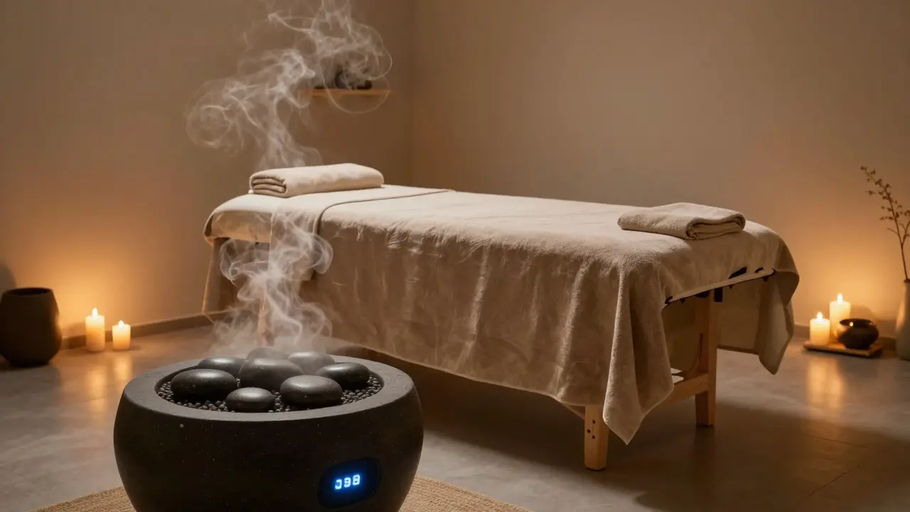 Klidný interiér wellness studia s ohřívačem na bazaltové kameny a svíčkami.