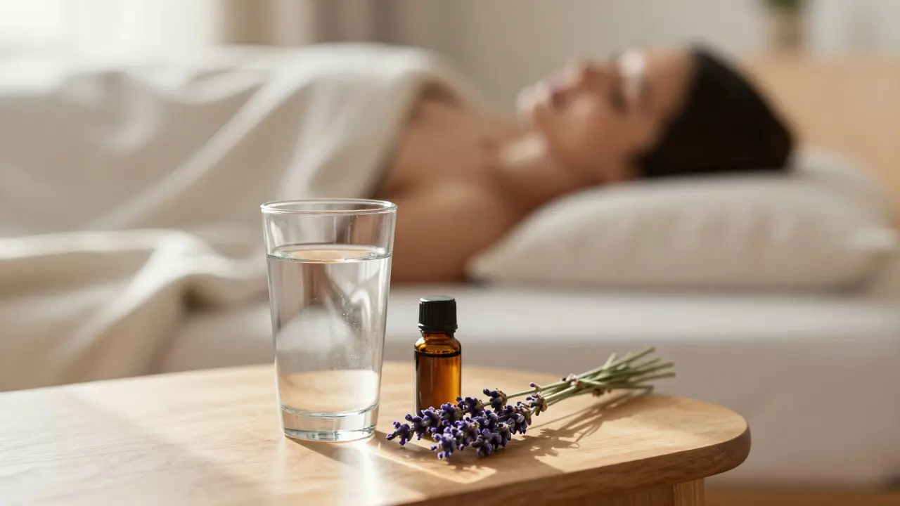 Klidný pohled na sklenici vody a levanduli v slunné místnosti po relaxaci.