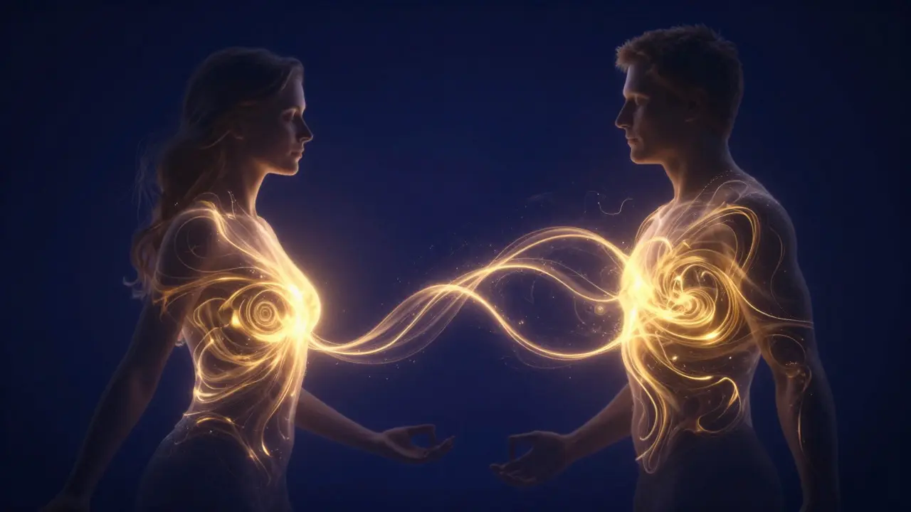 Konceptuální zobrazení dvou lidí propojených zlatými proudy energie během společného dýchání.