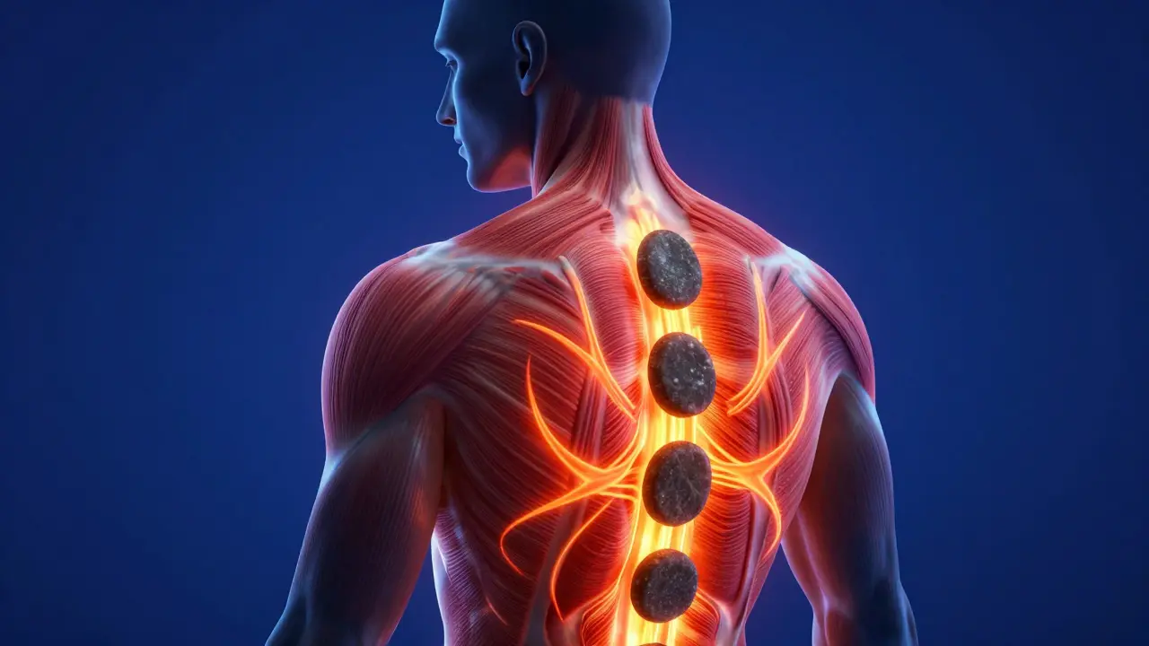 Konceptuální zobrazení pronikání tepla z lávových kamenů do svalů zad.