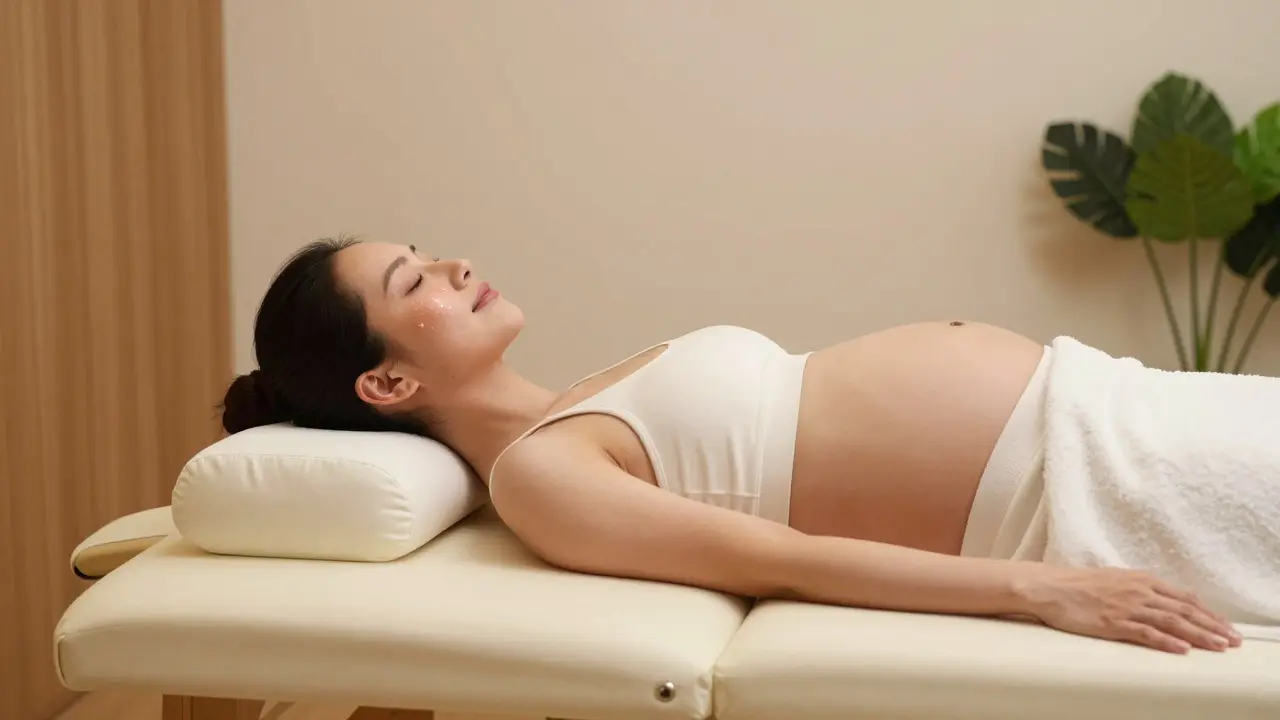 Těhotná žena relaxující v boční poloze na masážním stole s podpůrnými polštáři.