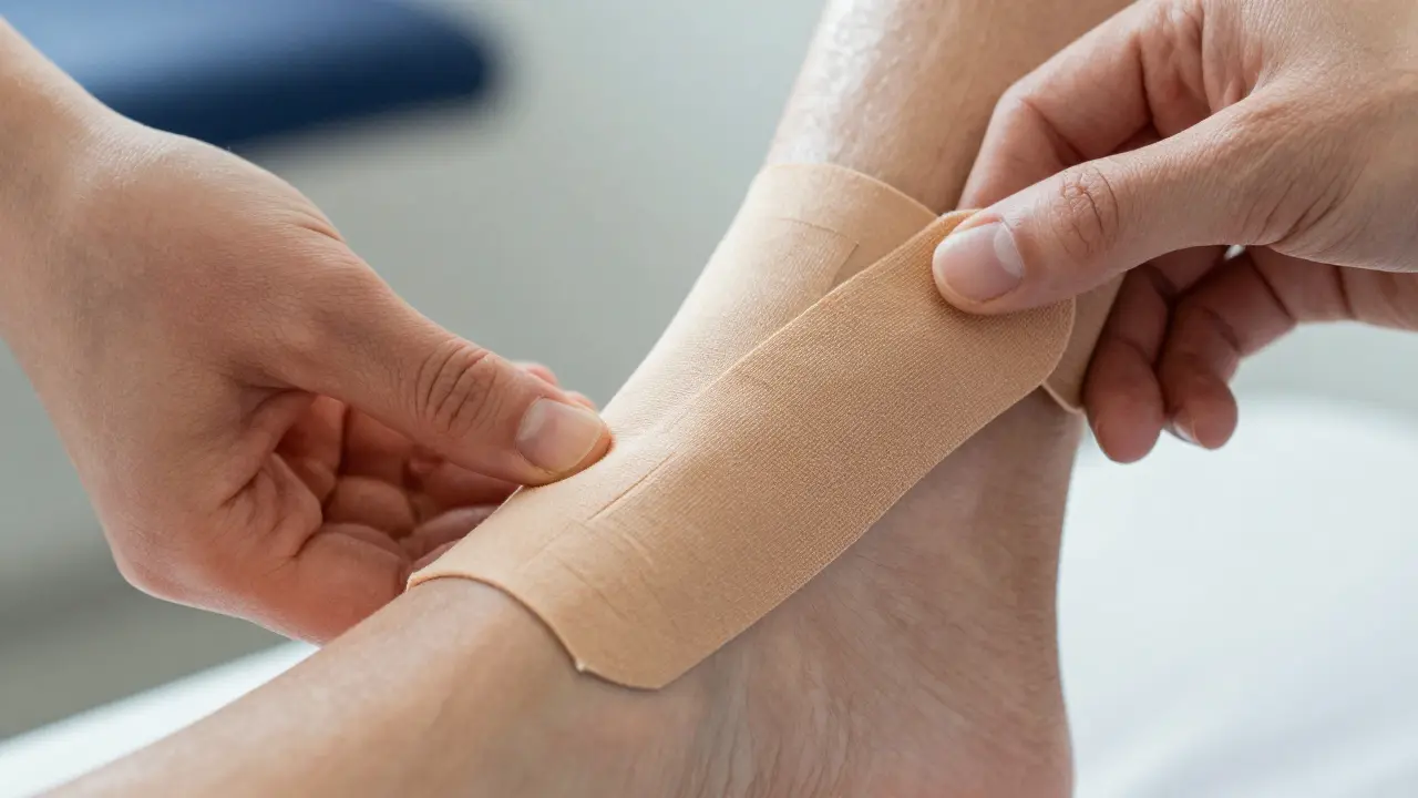Aplikace kinesio tejpů na kotník pro stabilizaci vazů