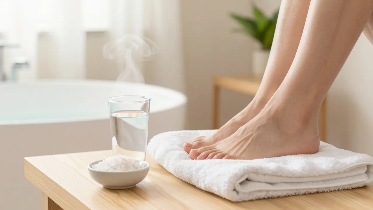 Nohy po masáži vedle sklenice vody a soli pro relaxaci