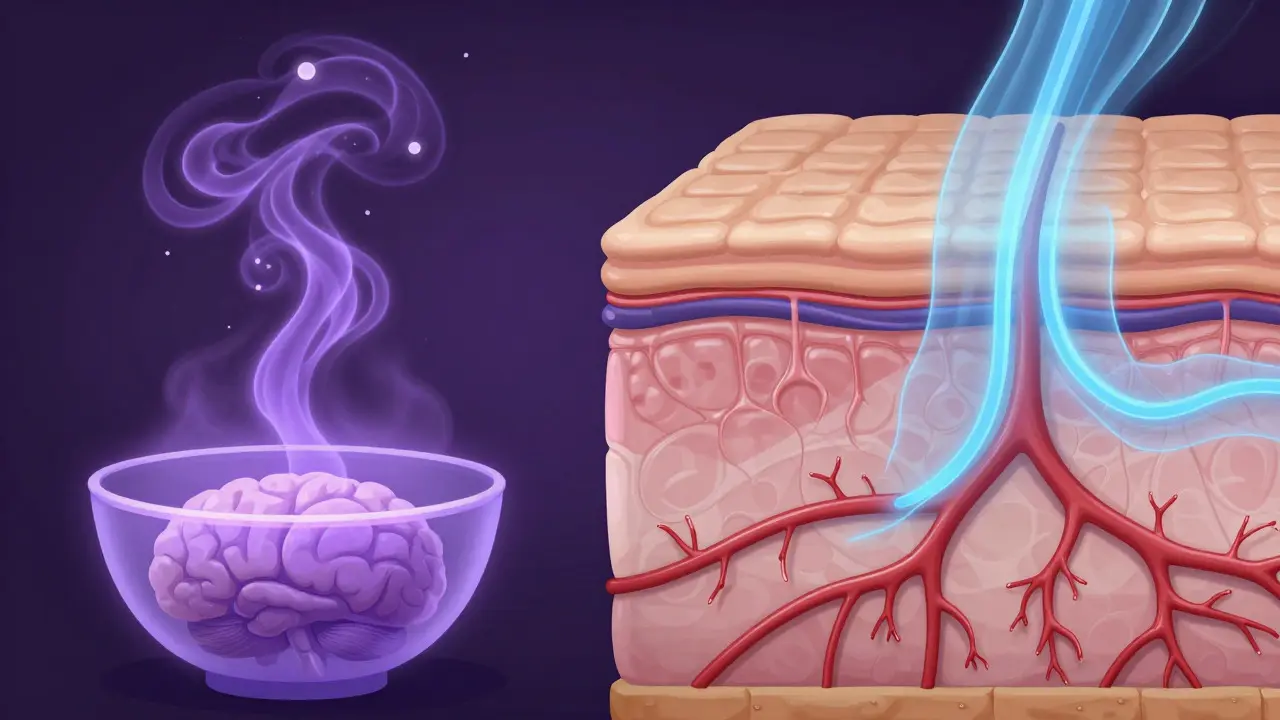 Abstraktní ilustrace vstřebávání olejů kůží a inhalace vůní do mozku