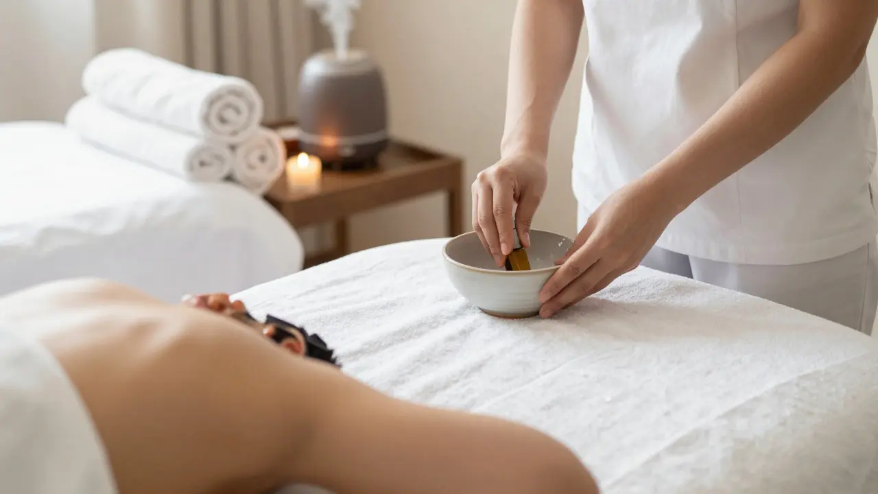 Ruční terapeut míchá oleje před masáží v klidné atmosféře wellness centra