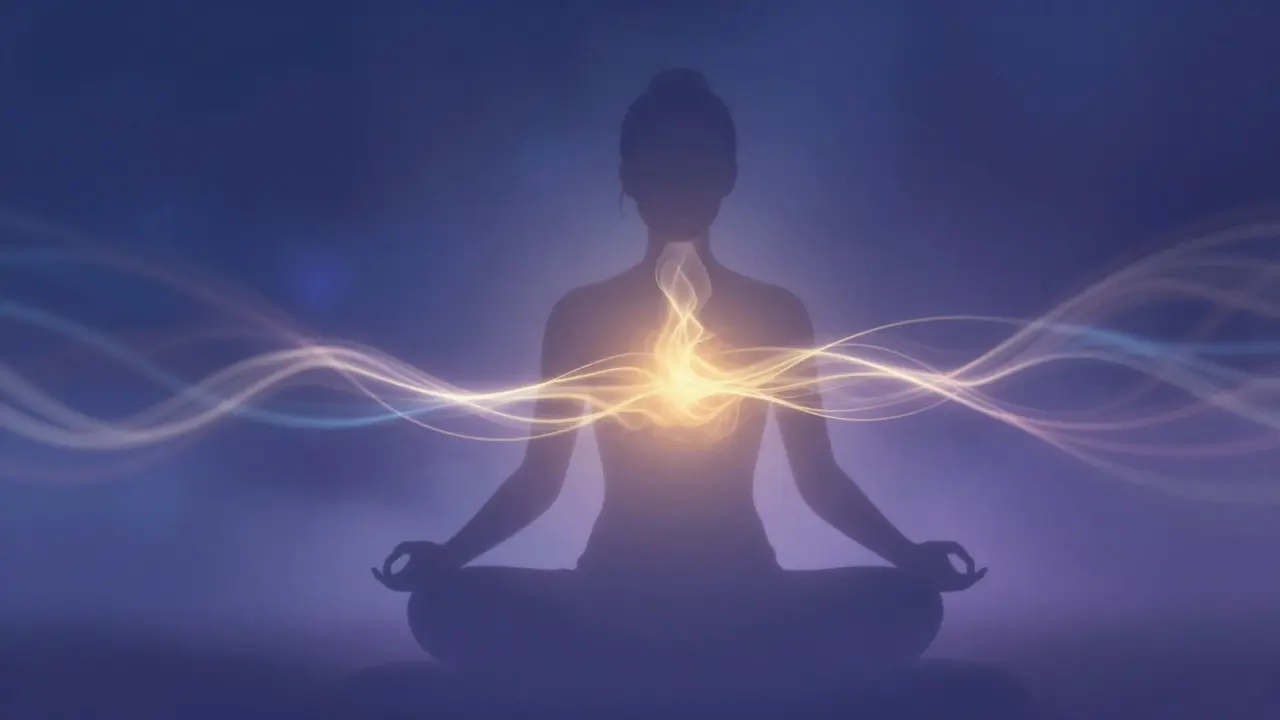 Abstraktní ilustrace meditace a dýchání s energiemi obklopujícími postavu
