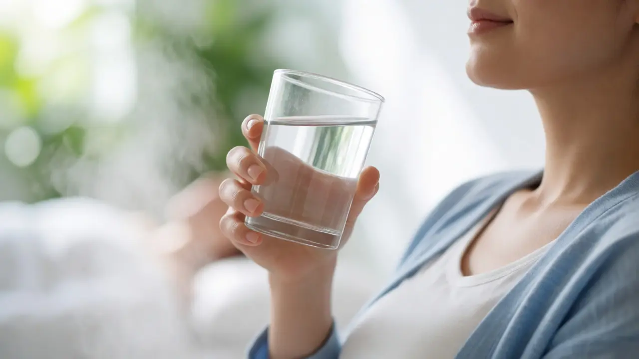 Člověk pije vodu po masáži pro hydrataci a detoxikaci těla.
