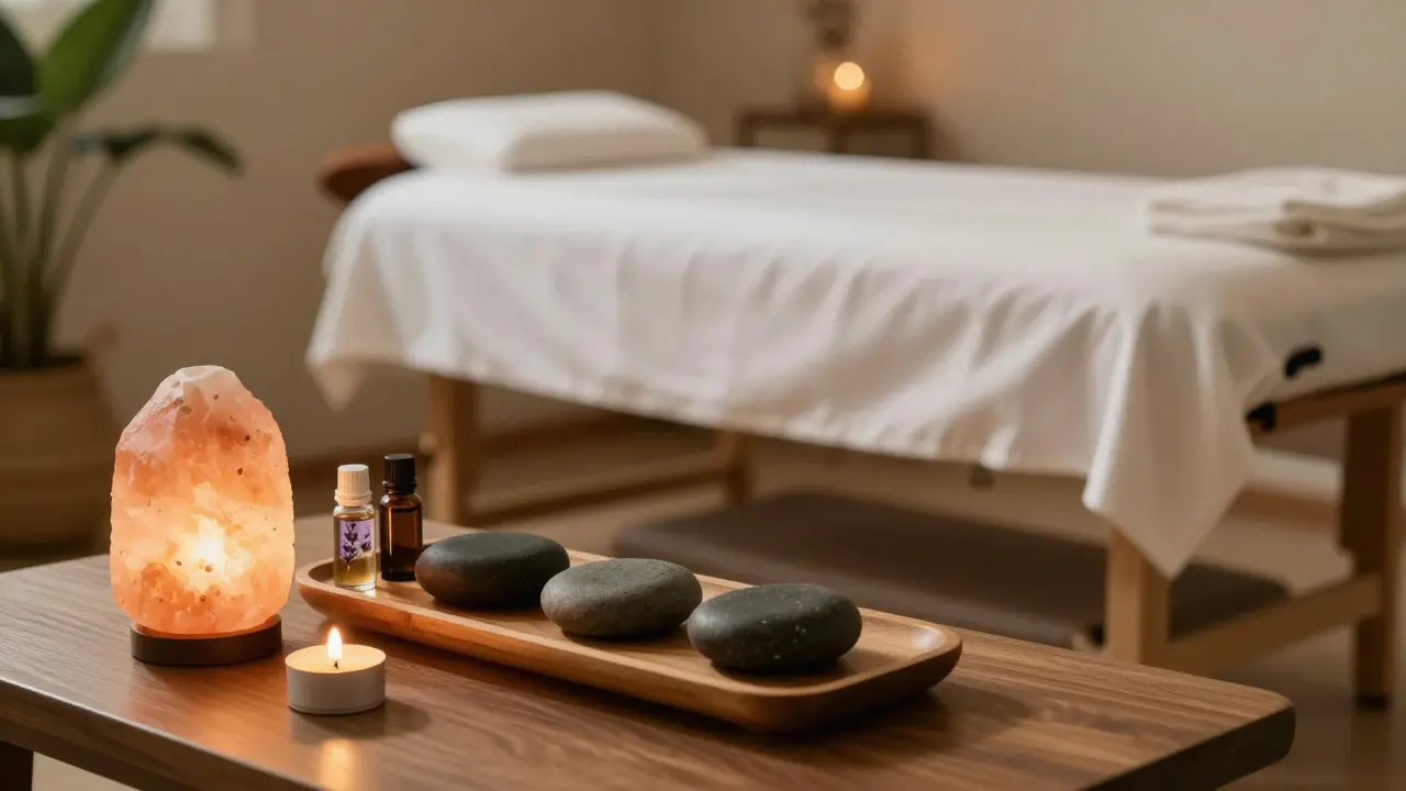 Klidná masážní místnost s horkými kameny a esenciálními oleji