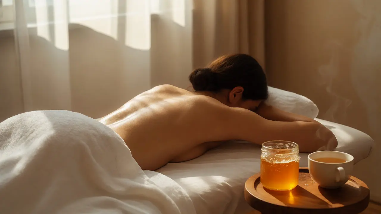 Klient relaxuje po medové masáži s medem a čajem v pozadí