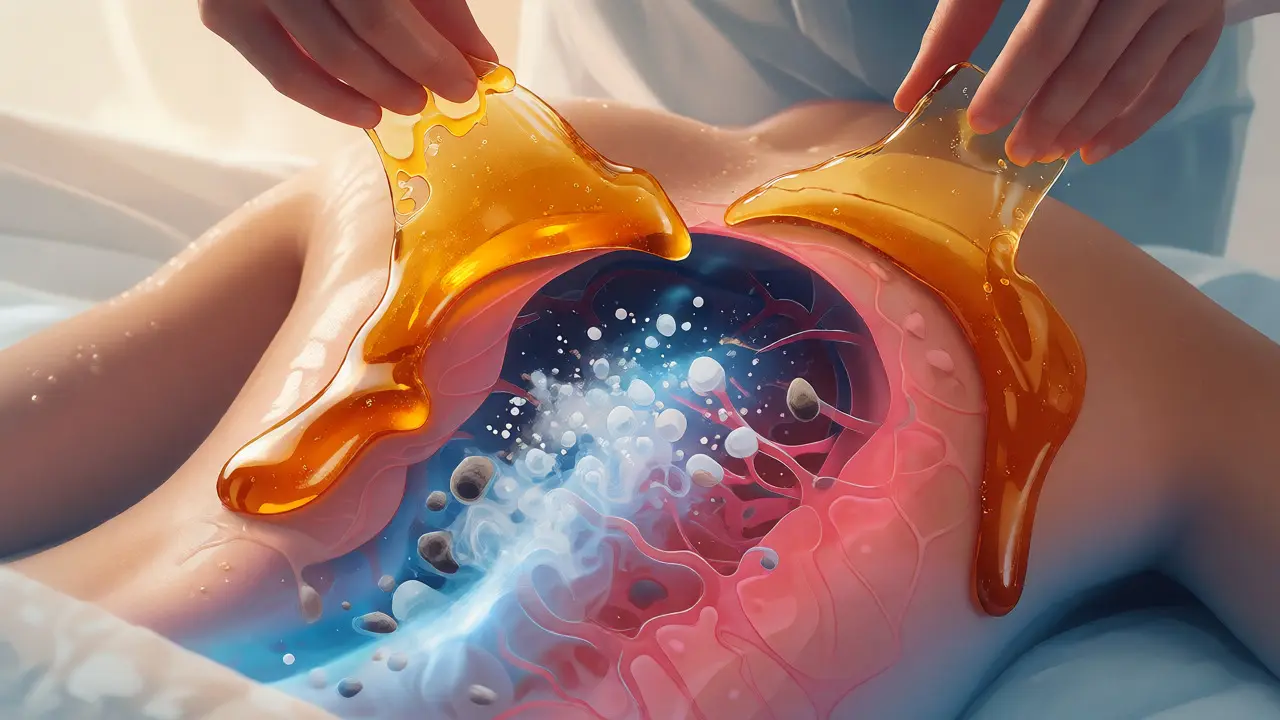 Konceptuální ilustrace extrakce toxinů z těla pomocí medové masáže