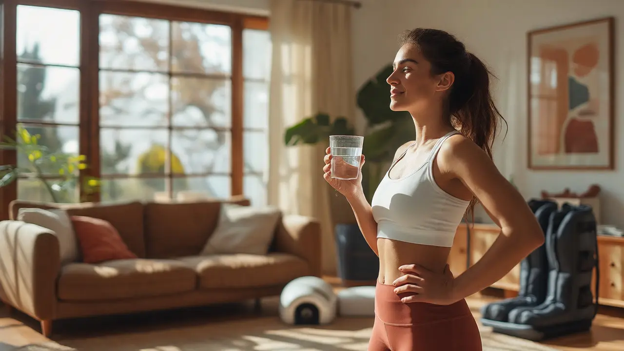Relaxed woman drinking water after vacuum therapy session at home