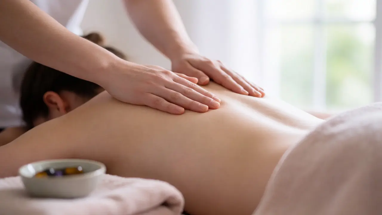 Ruce terapeuta provádějící jemnou masáž zad s olejem