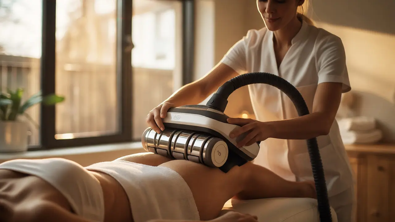 Therapist using modern roller vacuum device to treat cellulite in a clinic