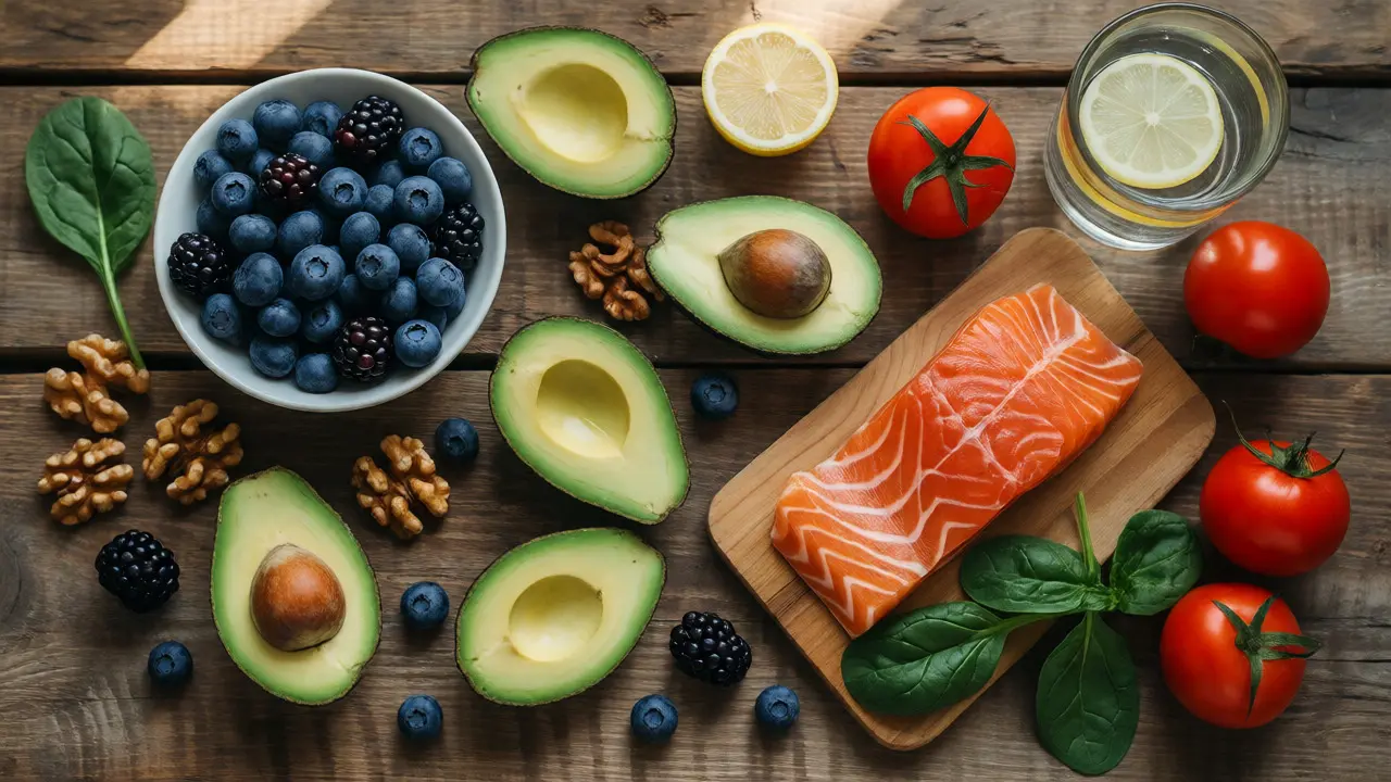 Čerstvé antioxidanty a zdravé tuky jako borůvky, avokádo a losos připravené k jídlu.