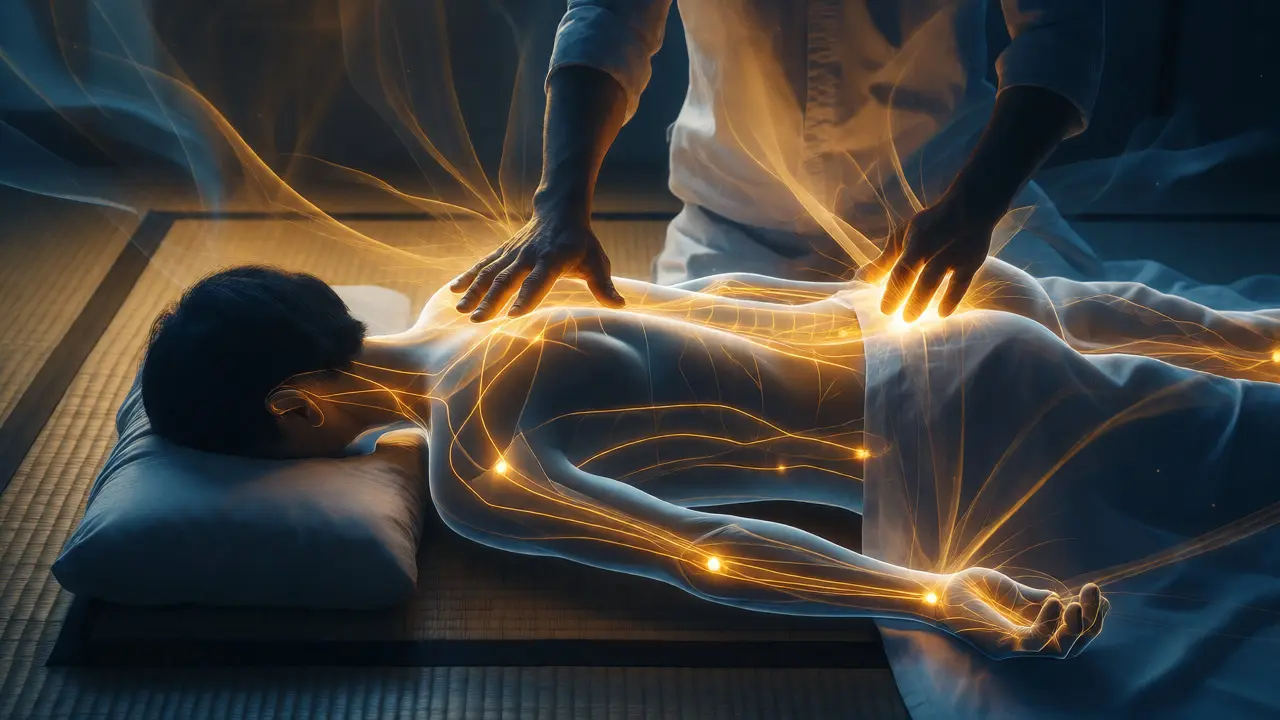 Konceptuální vizualizace toku energie Qi po těle během shiatsu ošetření